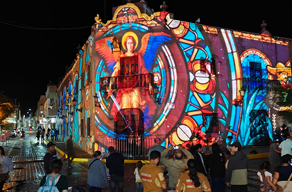 Projection mapped sculpture at night